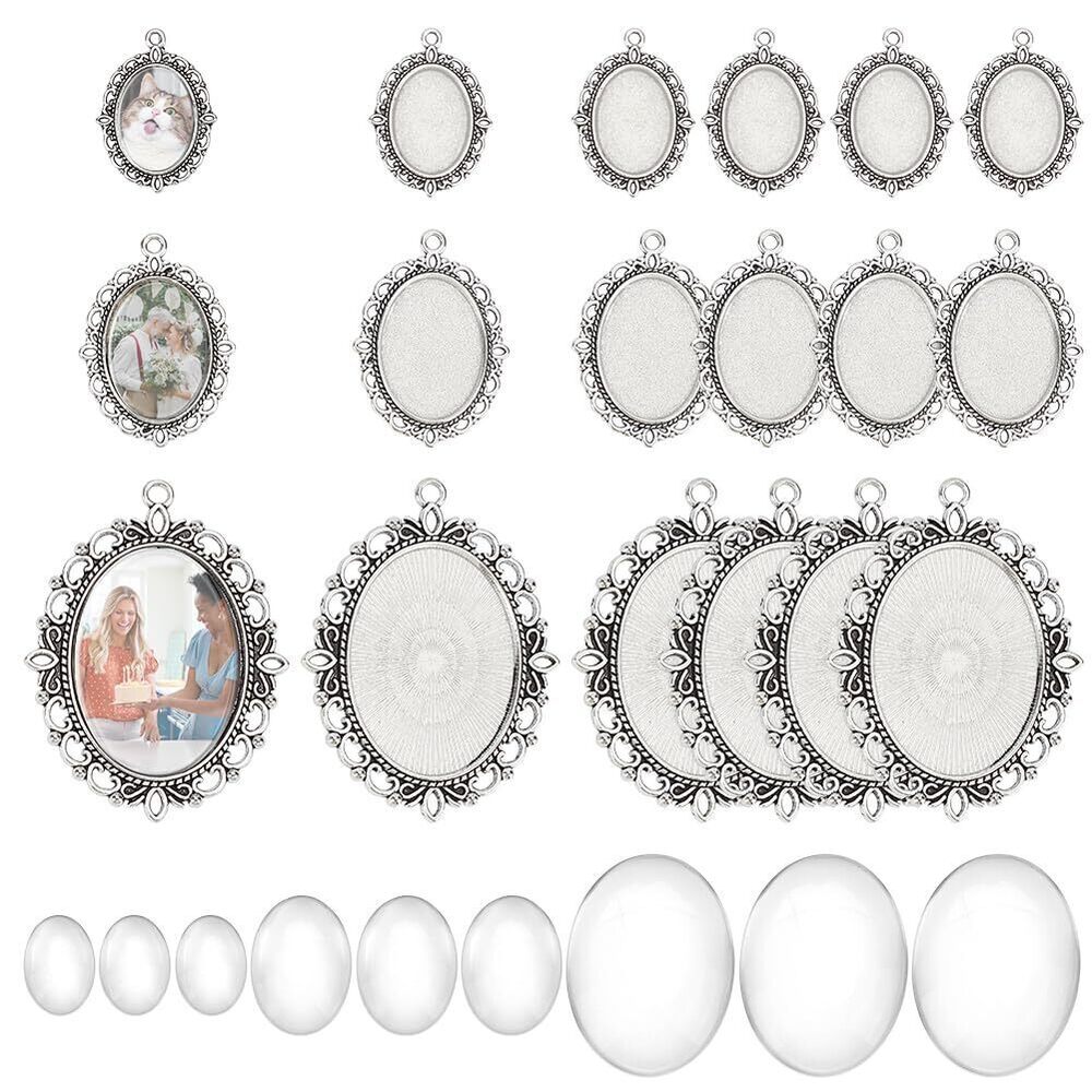 3210 18 Sets 3 Sizes Pendant Tray Kit, 18pcs Oval Pendant Blank Bezel